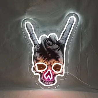 Let’s Rock Hand Symbol Skull LED Sign